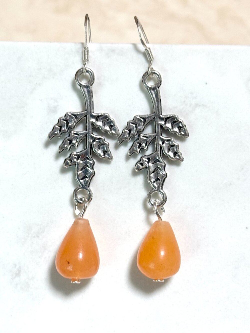 2/$20, Orange Carnelian Agate Leaf Branch Earrings, Gemstone & 925 Silver Hooks